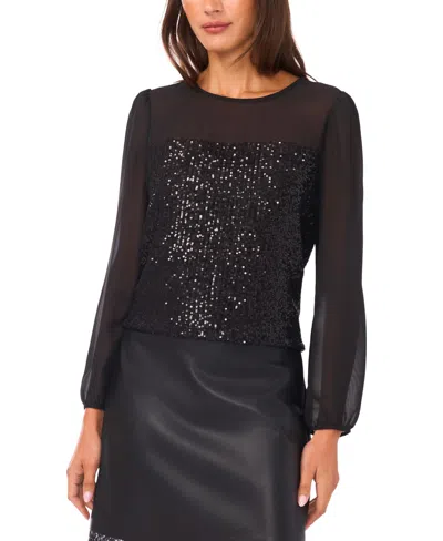 Vince Camuto Women's Sequin Crewneck Blouson Sleeve Top In Black