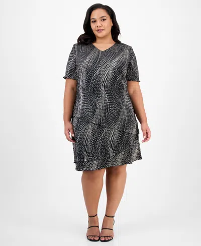 Connected Plus Size Printed Tiered Short-sleeve Sheath Dress In Gray