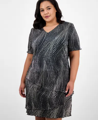 Connected Plus Size Printed Tiered Short-sleeve Sheath Dress In Gray