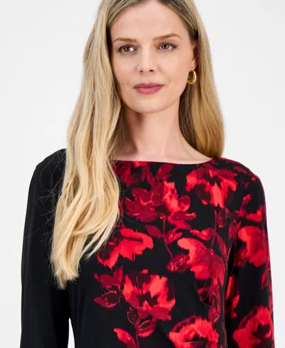 Connected Petite Printed 3/4-sleeve Sheath Dress In Black