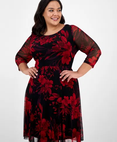 Connected Plus Size Printed 3/4-sleeve Fit & Flare Dress In Black