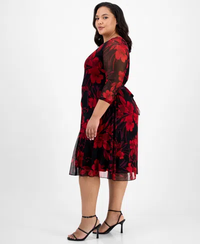 Connected Plus Size Printed 3/4-sleeve Fit & Flare Dress In Black
