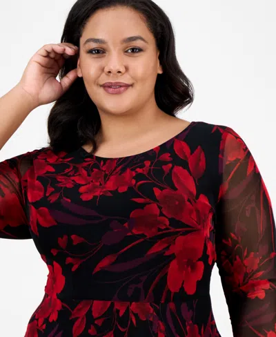 Connected Plus Size Printed 3/4-sleeve Fit & Flare Dress In Black