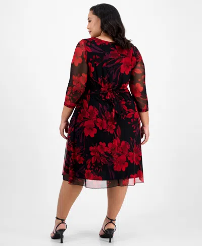 Connected Plus Size Printed 3/4-sleeve Fit & Flare Dress In Black