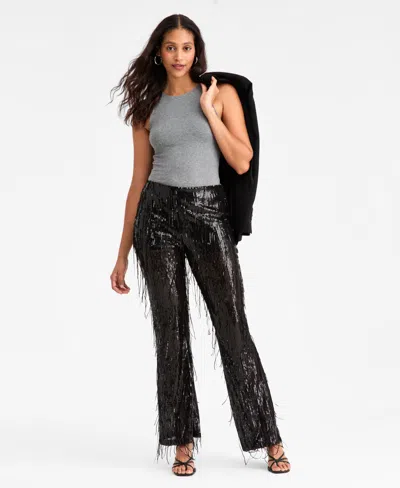 Bar Iii Women's Sequined Fringe High Rise Fitted Pants, Macy's Exclusive In Black