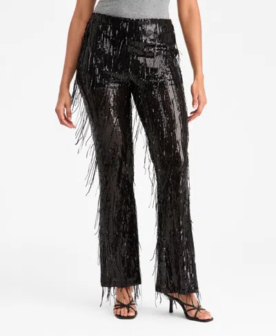 Bar Iii Women's Sequined Fringe High Rise Fitted Pants, Macy's Exclusive In Black