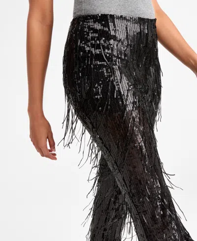 Bar Iii Women's Sequined Fringe High Rise Fitted Pants, Macy's Exclusive In Black