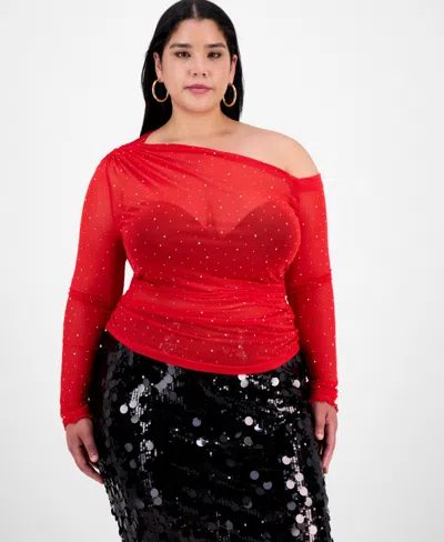 Bar Iii Trendy Plus Embellished Off-shoulder Mesh Top, Macy's Exclusive In Red
