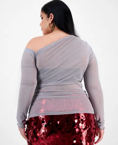Bar Iii Trendy Plus Embellished Off-shoulder Mesh Top, Macy's Exclusive In Gray