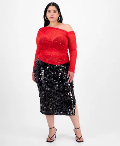 Bar Iii Trendy Plus Embellished Off-shoulder Mesh Top, Macy's Exclusive In Red
