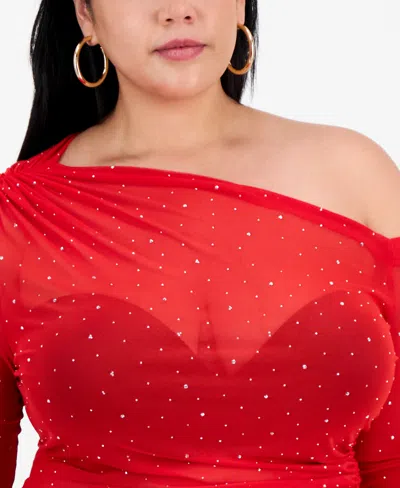 Bar Iii Trendy Plus Embellished Off-shoulder Mesh Top, Macy's Exclusive In Red