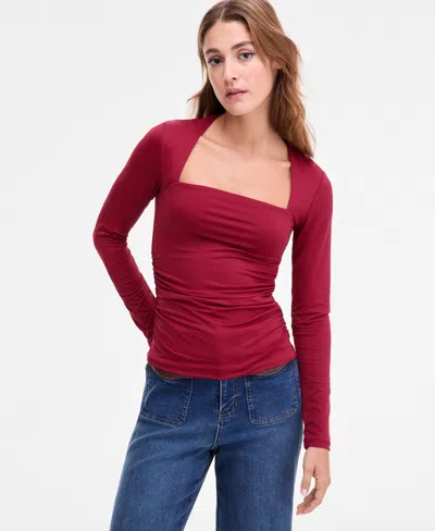 Bar Iii Women's Square-neck Ruched Knit Top, Macy's Exclusive In Red