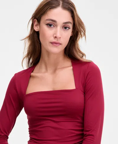 Bar Iii Women's Square-neck Ruched Knit Top, Macy's Exclusive In Red