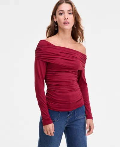 Bar Iii Women's Off-the-shoulder Ruched Knit Top, Macy's Exclusive In Red