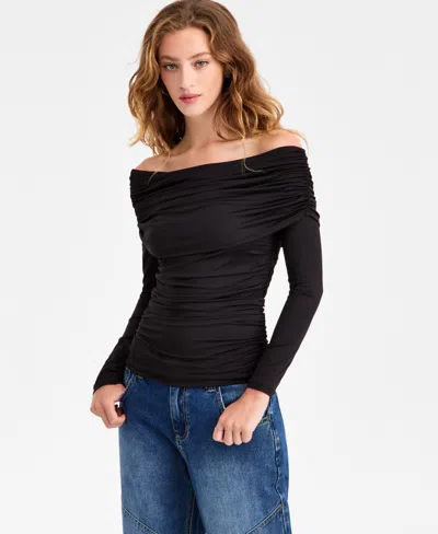 Bar Iii Women's Off-the-shoulder Ruched Knit Top, Macy's Exclusive In Black