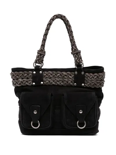 Pre-owned Loewe 2010-2025 Suede Braided Chain Pocket Tote Bag In Black