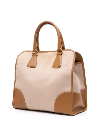 Pre-owned Prada 2013-2025 Saffiano Trimmed Canvas Canapa Satchel In Brown