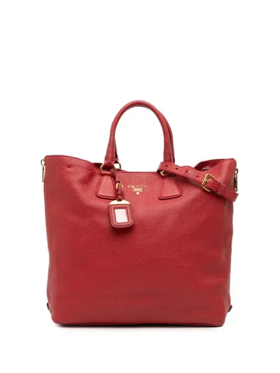 Pre-owned Prada 2000-2025 Vitello Daino Side Zip Shopper Tote Satchel In Red