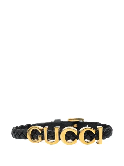 Pre-owned Gucci 2016-2025 Calfskin Leather Braided Logo Bracelet Costume Bracelet In Black