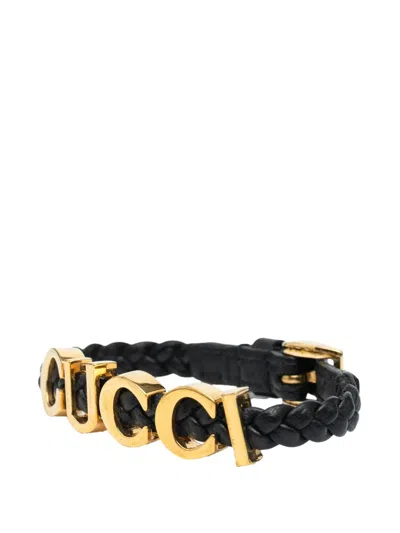 Pre-owned Gucci 2016-2025 Calfskin Leather Braided Logo Bracelet Costume Bracelet In Black