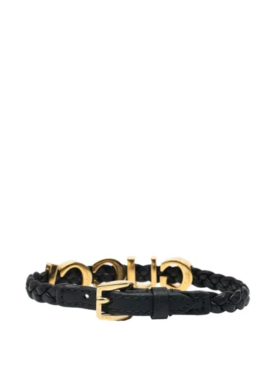 Pre-owned Gucci 2016-2025 Calfskin Leather Braided Logo Bracelet Costume Bracelet In Black