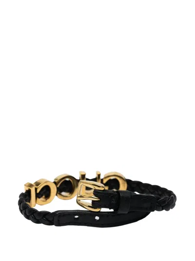 Pre-owned Gucci 2016-2025 Calfskin Leather Braided Logo Bracelet Costume Bracelet In Black