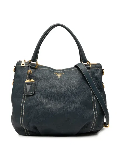 Pre-owned Prada 2000-2025 Vitello Daino Zip Top Satchel In Blue