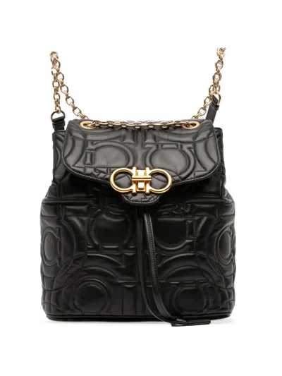 Pre-owned Ferragamo 2018 Small Quilted Leather Double Gancini Backpack In Black