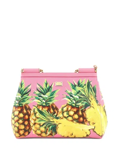 Pre-owned Dolce & Gabbana Miss Sicily Bag Printed Leather Medium Satchel In Pink