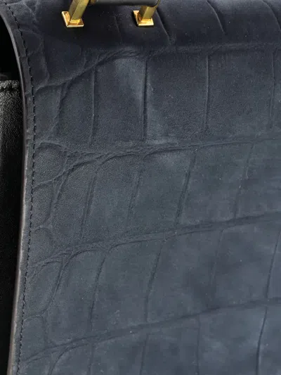 Pre-owned Celine Trapeze Bag Crocodile Embossed Nubuck Medium Shoulder Bag In Black