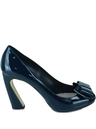 Pre-owned Miu Miu 95mm Peep-toe Bow Sandals In Blue