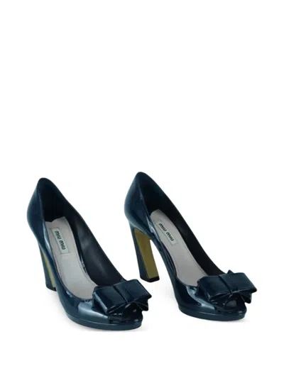 Pre-owned Miu Miu 95mm Peep-toe Bow Sandals In Blue