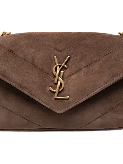 Saint Laurent Mini Loulou Logo-patch Cross Body Bag In Brown