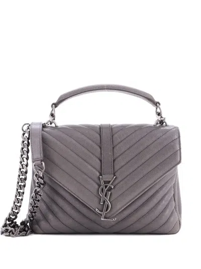 Pre-owned Saint Laurent Classic Monogram College Bag Matelasse Chevron Leather Medium Crossbody Bag In Gray