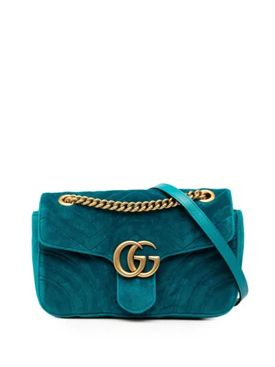 Pre-owned Gucci 2016-2025 Medium Gg Marmont Matelasse Velvet Shoulder Bag In Blue