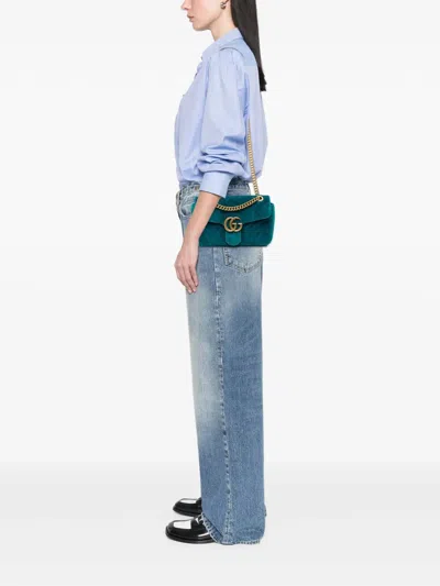 Pre-owned Gucci 2016-2025 Medium Gg Marmont Matelasse Velvet Shoulder Bag In Blue