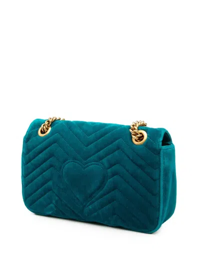 Pre-owned Gucci 2016-2025 Medium Gg Marmont Matelasse Velvet Shoulder Bag In Blue