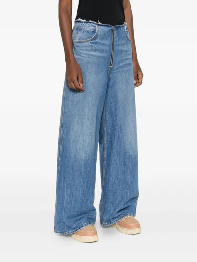 Alexander Wang Frayed Waist Wide Leg Zip-up Jeans In Blue