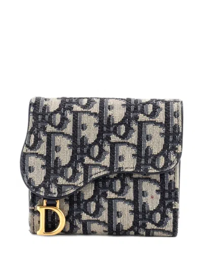 Pre-owned Dior Saddle Flap Wallet Oblique Canvas Mini Small Wallets In Blue