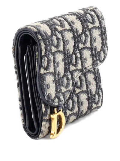 Pre-owned Dior Saddle Flap Wallet Oblique Canvas Mini Small Wallets In Blue
