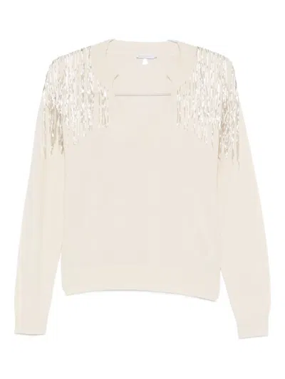 Patrizia Pepe Fringe V-neck Sweater In Neutral
