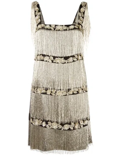 Alberta Ferretti Embellished Beaded Fringed Dress In Neutral