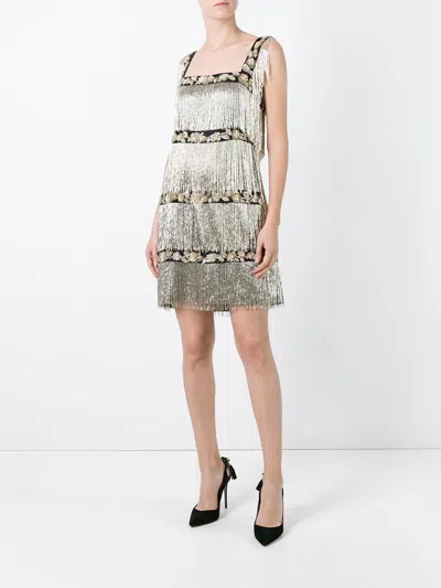 Alberta Ferretti Embellished Beaded Fringed Dress In Neutral
