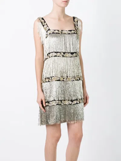 Alberta Ferretti Embellished Beaded Fringed Dress In Neutral