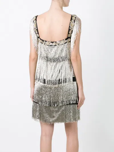 Alberta Ferretti Embellished Beaded Fringed Dress In Neutral