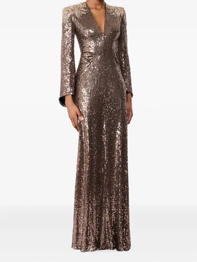 Jenny Packham Sequin-embellished Bell-sleeve Maxi Dress In Brown