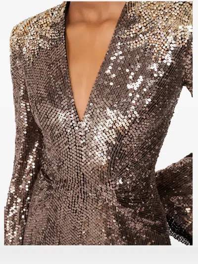 Jenny Packham Sequin-embellished Bell-sleeve Maxi Dress In Brown