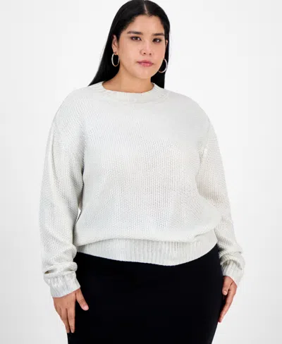 Bar Iii Trendy Plus Foil-print Drop-shoulder Crewneck Sweater, Macy's Exclusive In White