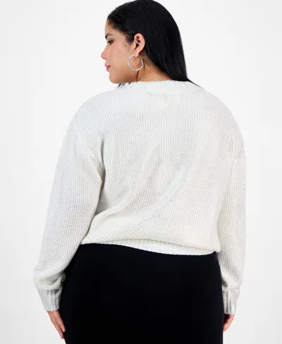 Bar Iii Trendy Plus Foil-print Drop-shoulder Crewneck Sweater, Macy's Exclusive In White