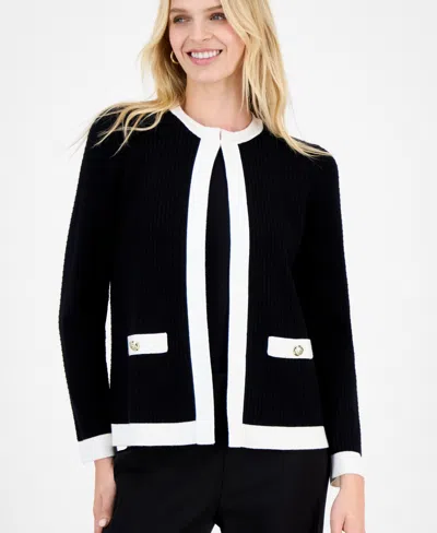 Kasper Petite Kiss-front Waffle-knit Jacket In Black